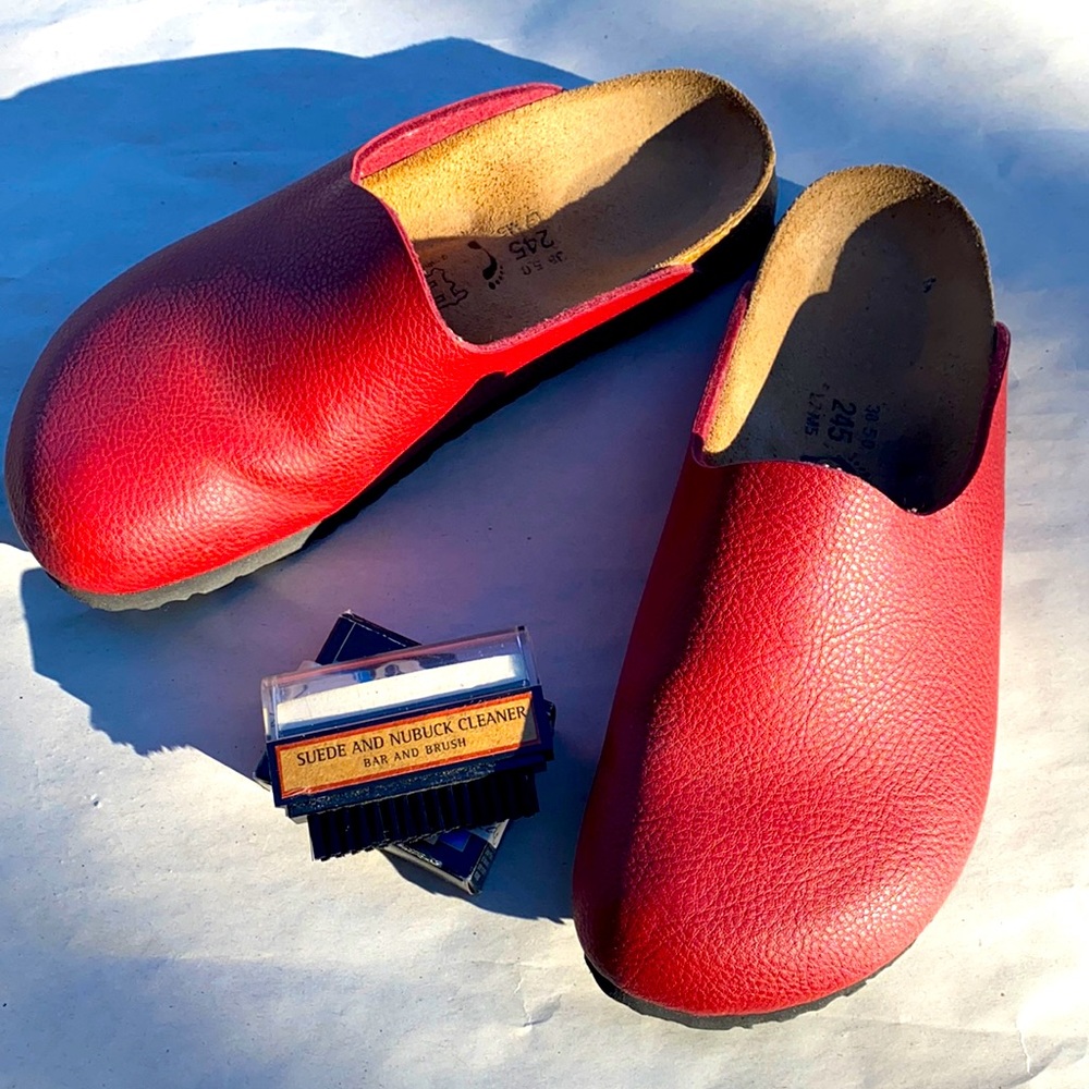 Red Birki’s by Birkenstock with Nubuck cleaner and brush